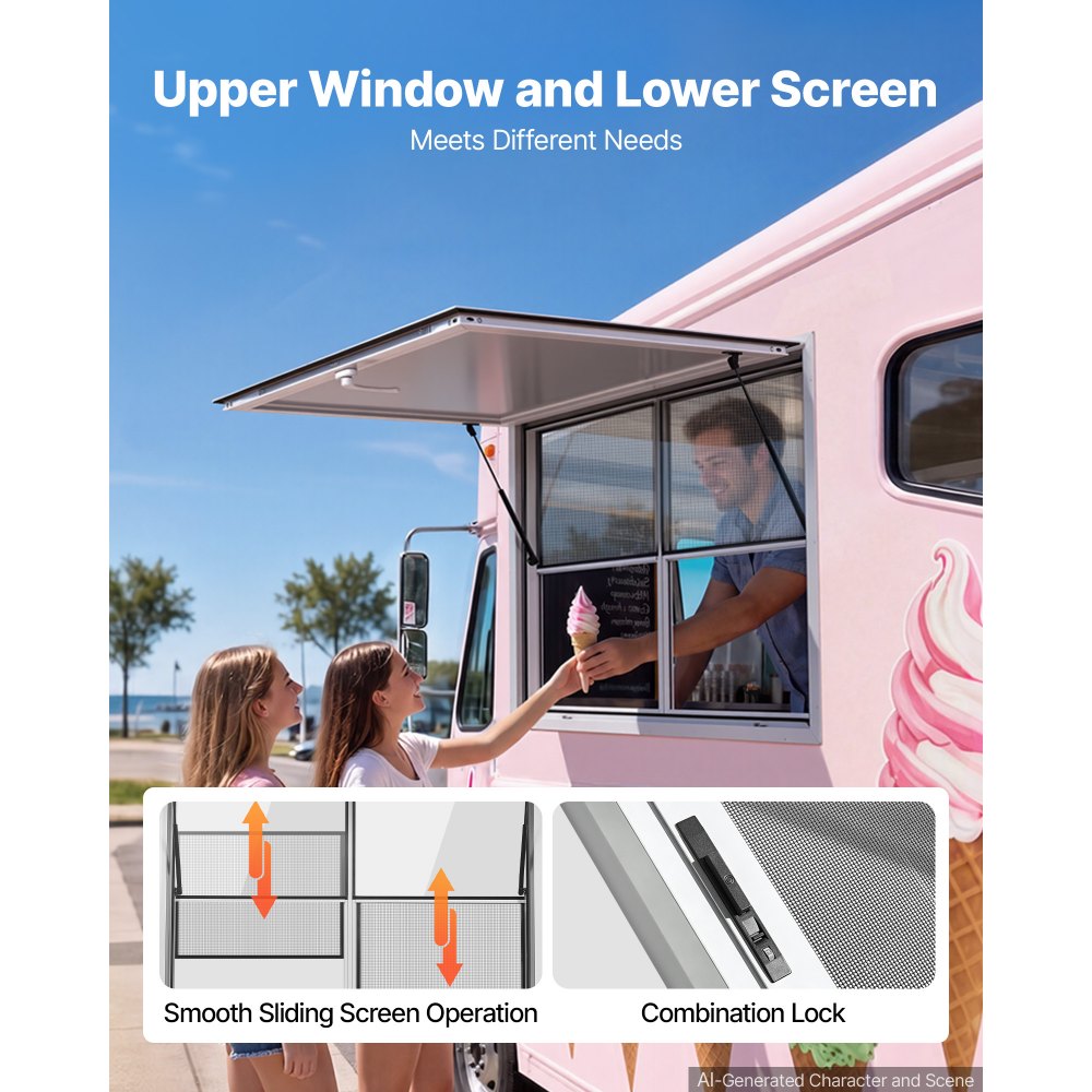 VEVOR Concession Window 48x36 in Aluminum Alloy Service Window, for Food Truck, Up to 85 Degrees Stand Serving with 2 Fixed & 2 Sliding Windows, Awning Door and Drag Hook, Rainwater Resistant