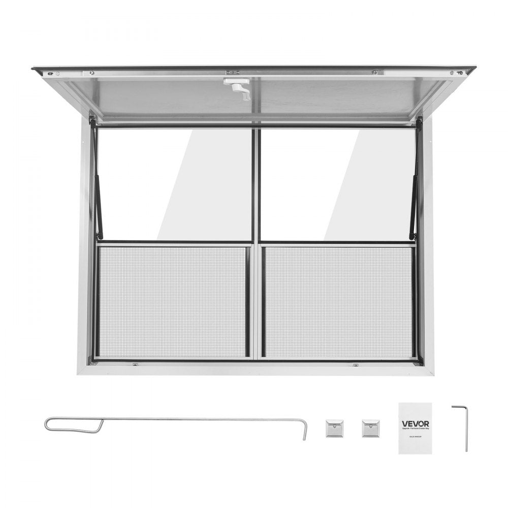 VEVOR Concession Window 48x36 in Aluminum Alloy Service Window, for Food Truck, Up to 85 Degrees Stand Serving with 2 Fixed & 2 Sliding Windows, Awning Door and Drag Hook, Rainwater Resistant