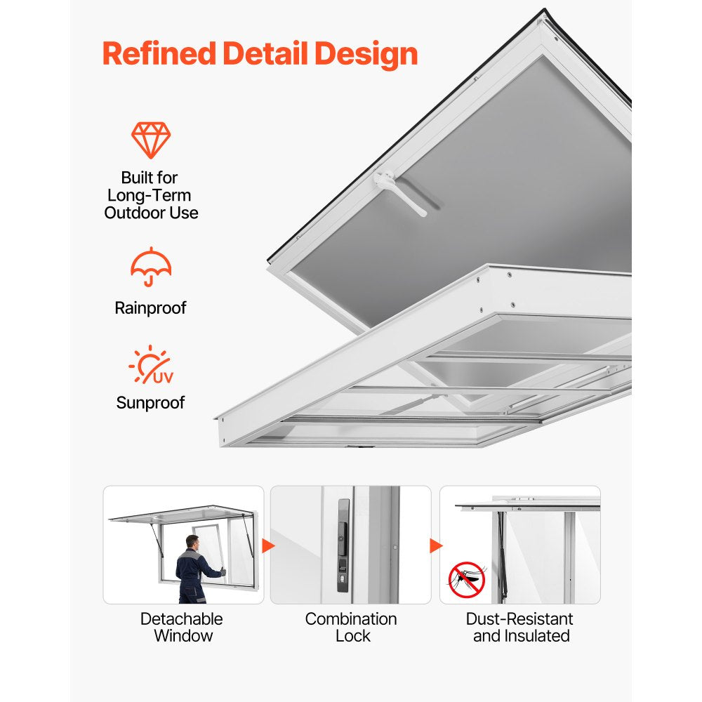 VEVOR Concession Window 60x36 in Aluminum Alloy Service Window, for Food Truck, Up to 85 Degrees Stand Serving with 4 Sliding Acrylic Windows, Awning Door and Drag Hook, Rainwater Resistant