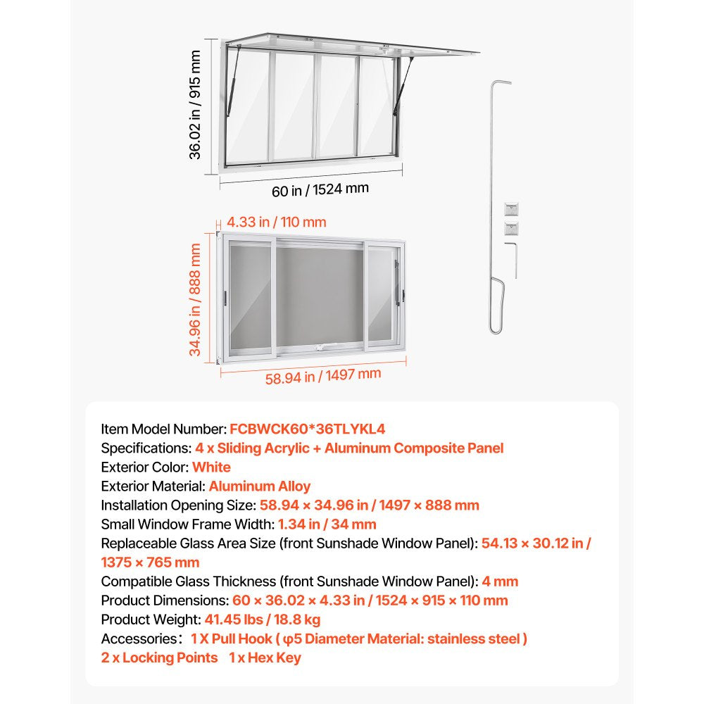 VEVOR Concession Window 60x36 in Aluminum Alloy Service Window, for Food Truck, Up to 85 Degrees Stand Serving with 4 Sliding Acrylic Windows, Awning Door and Drag Hook, Rainwater Resistant