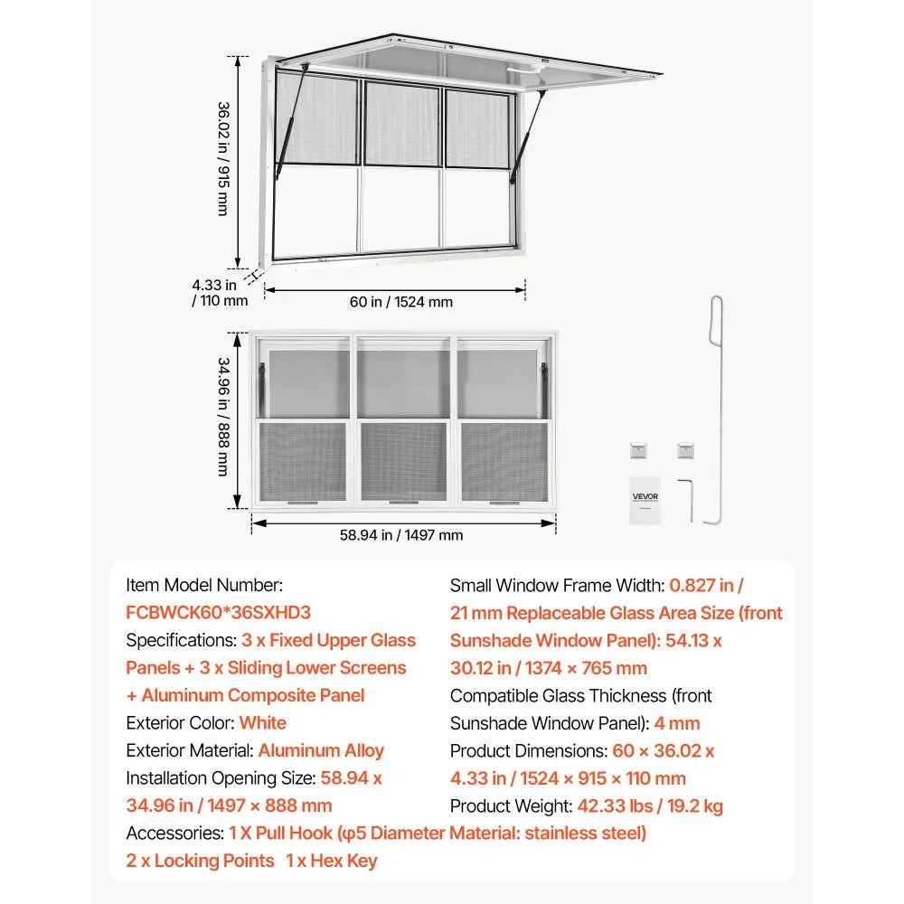 VEVOR Concession Window 60x36 in Aluminum Alloy Service Window, for Food Truck, Up to 85 Degrees Stand Serving with 3 Fixed & 3 Sliding Windows, Awning Door and Drag Hook, Rainwater Resistant
