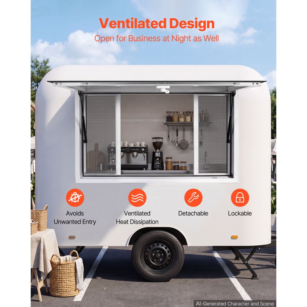 VEVOR Concession Window 60x36 in Aluminum Alloy Frame Service Window, for Food Truck, Up to 85 Degrees Stand Serving with 4 Sliding Screen Windows, Awning Door and Drag Hook, Rainwater Resistant