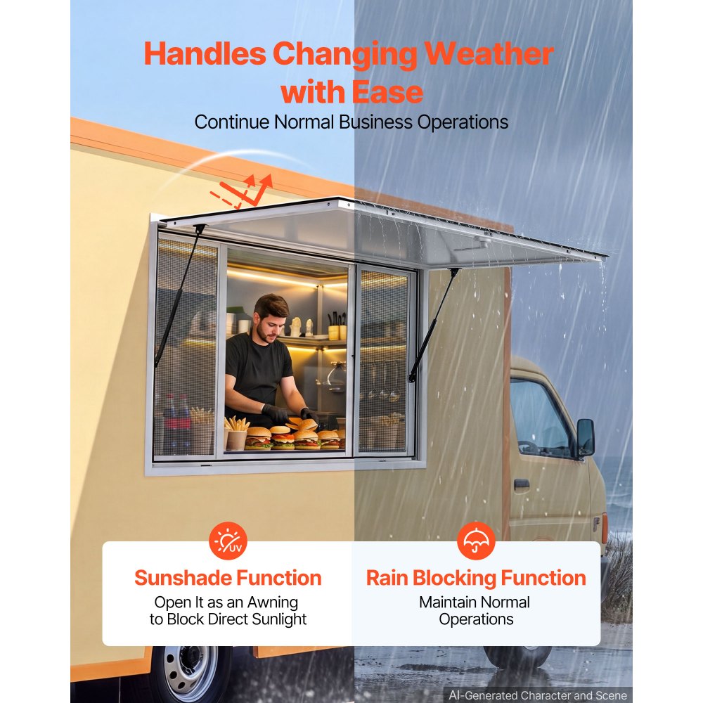 VEVOR Concession Window 60x36 in Aluminum Alloy Frame Service Window, for Food Truck, Up to 85 Degrees Stand Serving with 4 Sliding Screen Windows, Awning Door and Drag Hook, Rainwater Resistant
