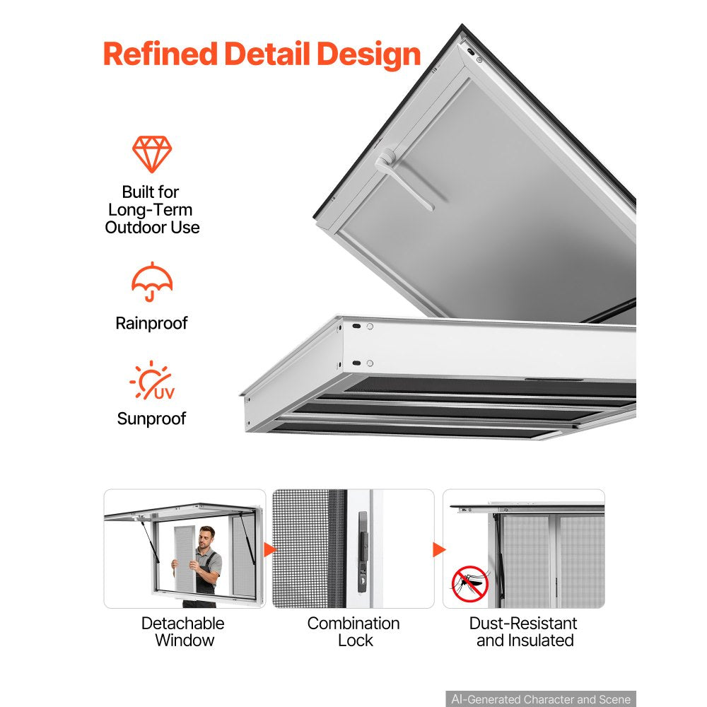 VEVOR Concession Window 60x36 in Aluminum Alloy Frame Service Window, for Food Truck, Up to 85 Degrees Stand Serving with 4 Sliding Screen Windows, Awning Door and Drag Hook, Rainwater Resistant
