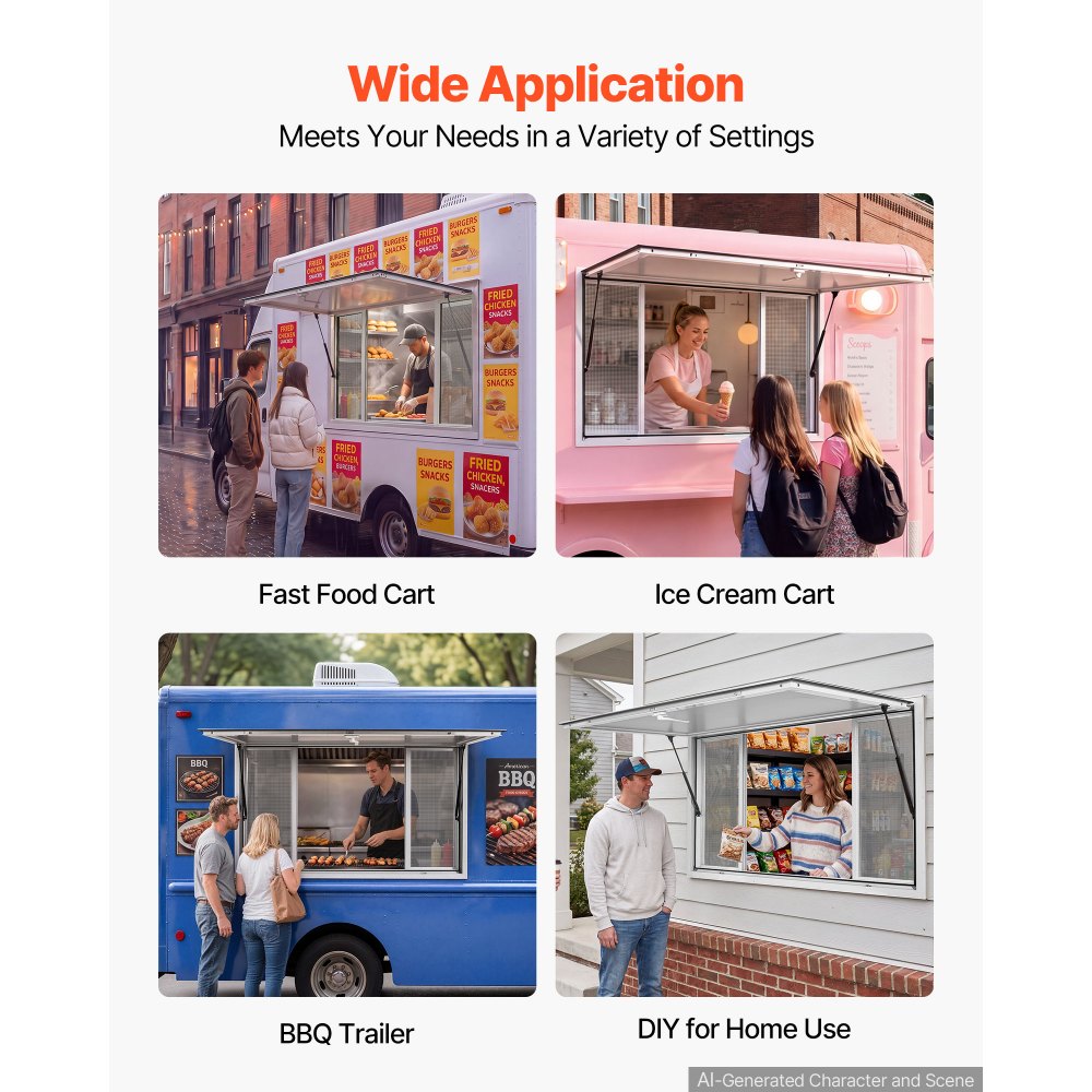 VEVOR Concession Window 60x36 in Aluminum Alloy Frame Service Window, for Food Truck, Up to 85 Degrees Stand Serving with 4 Sliding Screen Windows, Awning Door and Drag Hook, Rainwater Resistant