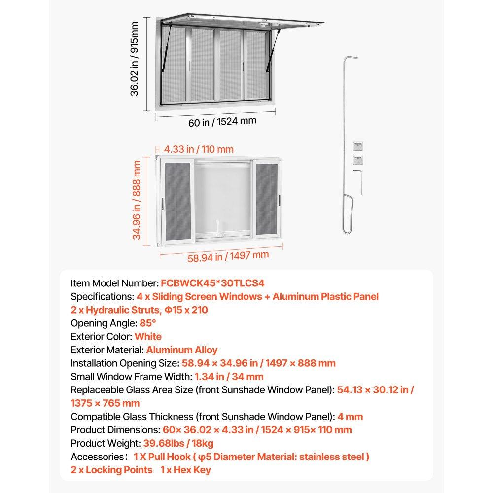 VEVOR Concession Window 60x36 in Aluminum Alloy Frame Service Window, for Food Truck, Up to 85 Degrees Stand Serving with 4 Sliding Screen Windows, Awning Door and Drag Hook, Rainwater Resistant