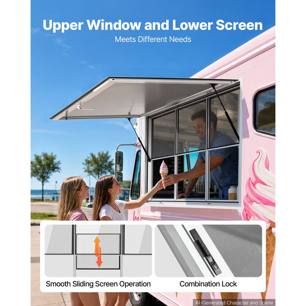 VEVOR Concession Window 64x40 in Aluminum Alloy Service Window, for Food Truck, Up to 85 Degrees Stand Serving with 3 Fixed & 3 Sliding Windows, Awning Door and Drag Hook, Rainwater Resistant