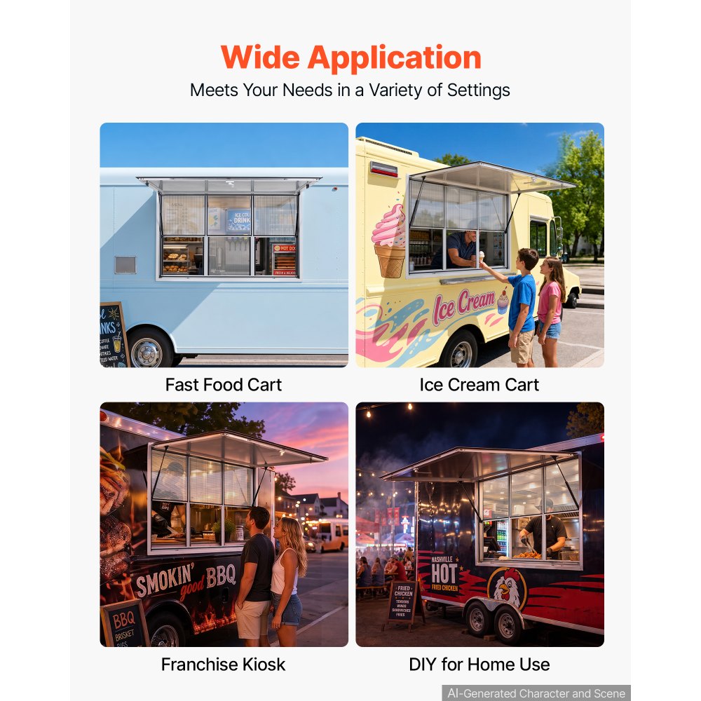 VEVOR Concession Window 64x40 in Aluminum Alloy Service Window, for Food Truck, Up to 85 Degrees Stand Serving with 3 Fixed & 3 Sliding Windows, Awning Door and Drag Hook, Rainwater Resistant