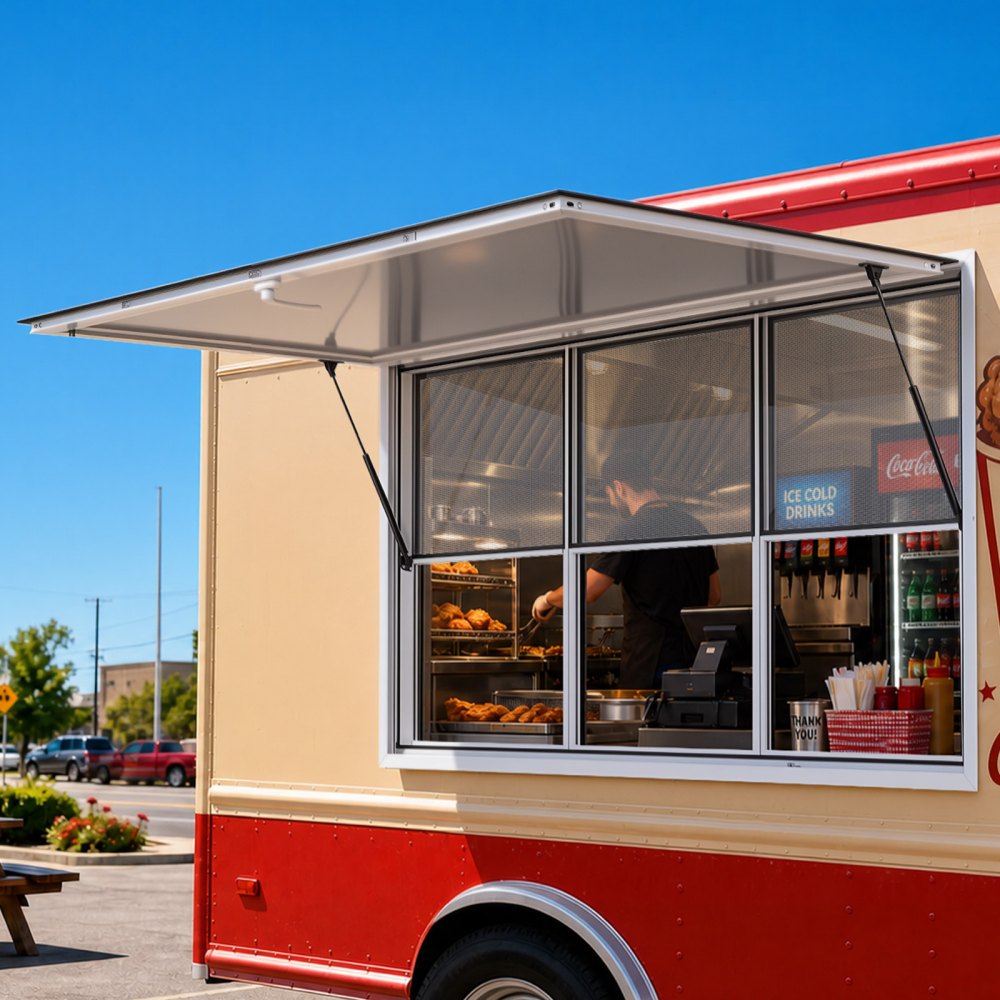 VEVOR Concession Window 64x40 in Aluminum Alloy Service Window, for Food Truck, Up to 85 Degrees Stand Serving with 3 Fixed & 3 Sliding Windows, Awning Door and Drag Hook, Rainwater Resistant