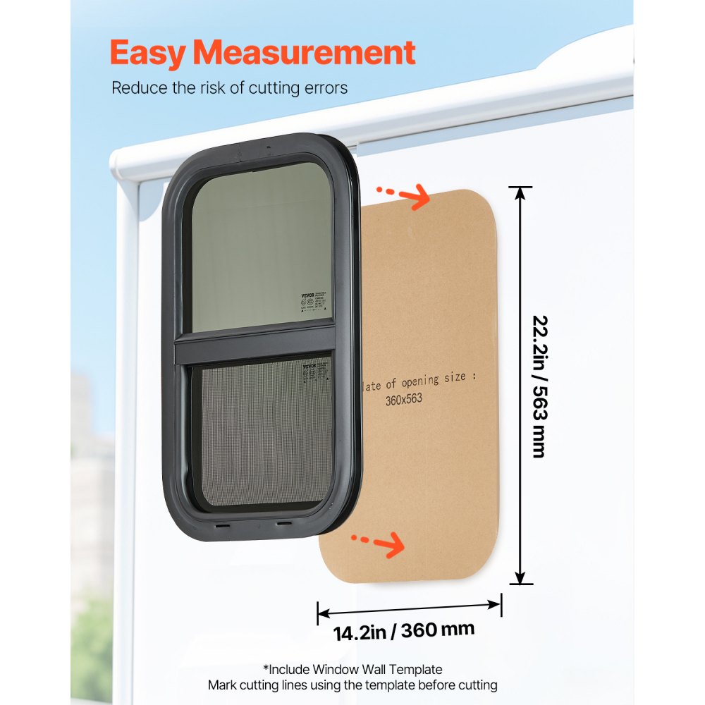 VEVOR Vertical RV Window, 14" W x 22" H Tinted Sliding RV Window with Net Screen & Trim Ring, Fit 15/16" - 1 3/4" Thickness Wall, RV Window Replacement for Teardrop Cargo Trailer Camper, DOT Approved