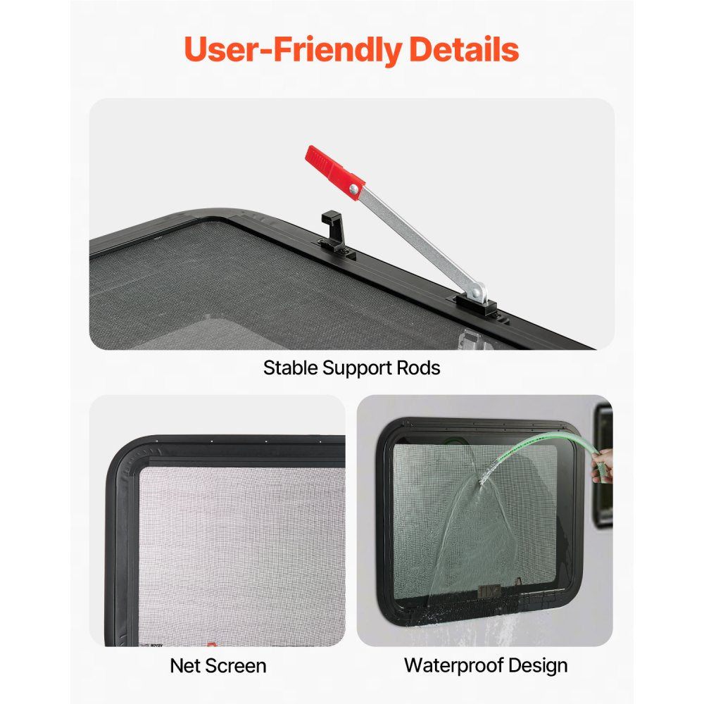 VEVOR RV Exit Window, 30" W x 20" H Tinted RV Window with Net Screen and Trim Ring, Fit for 1 1/4" - 1 13/16" Thickness Wall, RV Window Replacement for Teardrop Cargo Trailer Camper, DOT Approved