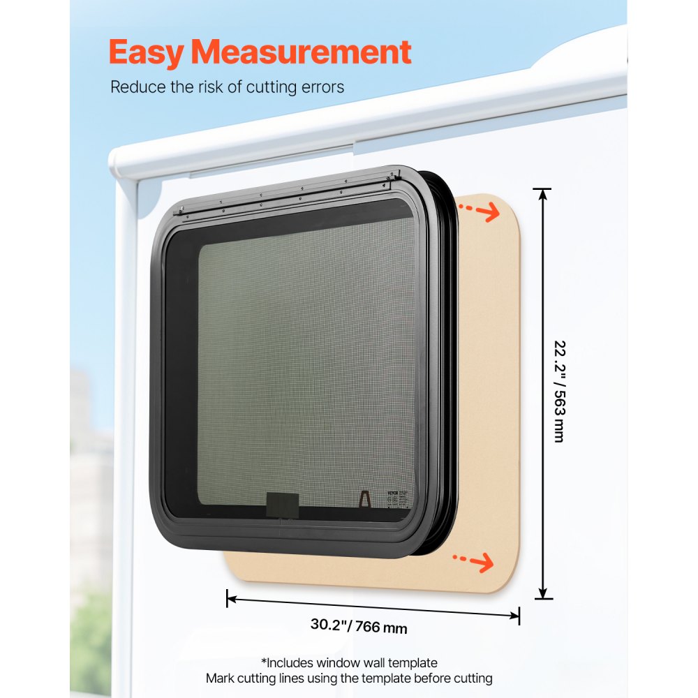 VEVOR RV Exit Window, 30" W x 22" H Tinted RV Window with Net Screen and Trim Ring, Fit for 1 1/4" - 1 13/16" Thickness Wall, RV Window Replacement for Teardrop Cargo Trailer Camper, DOT Approved