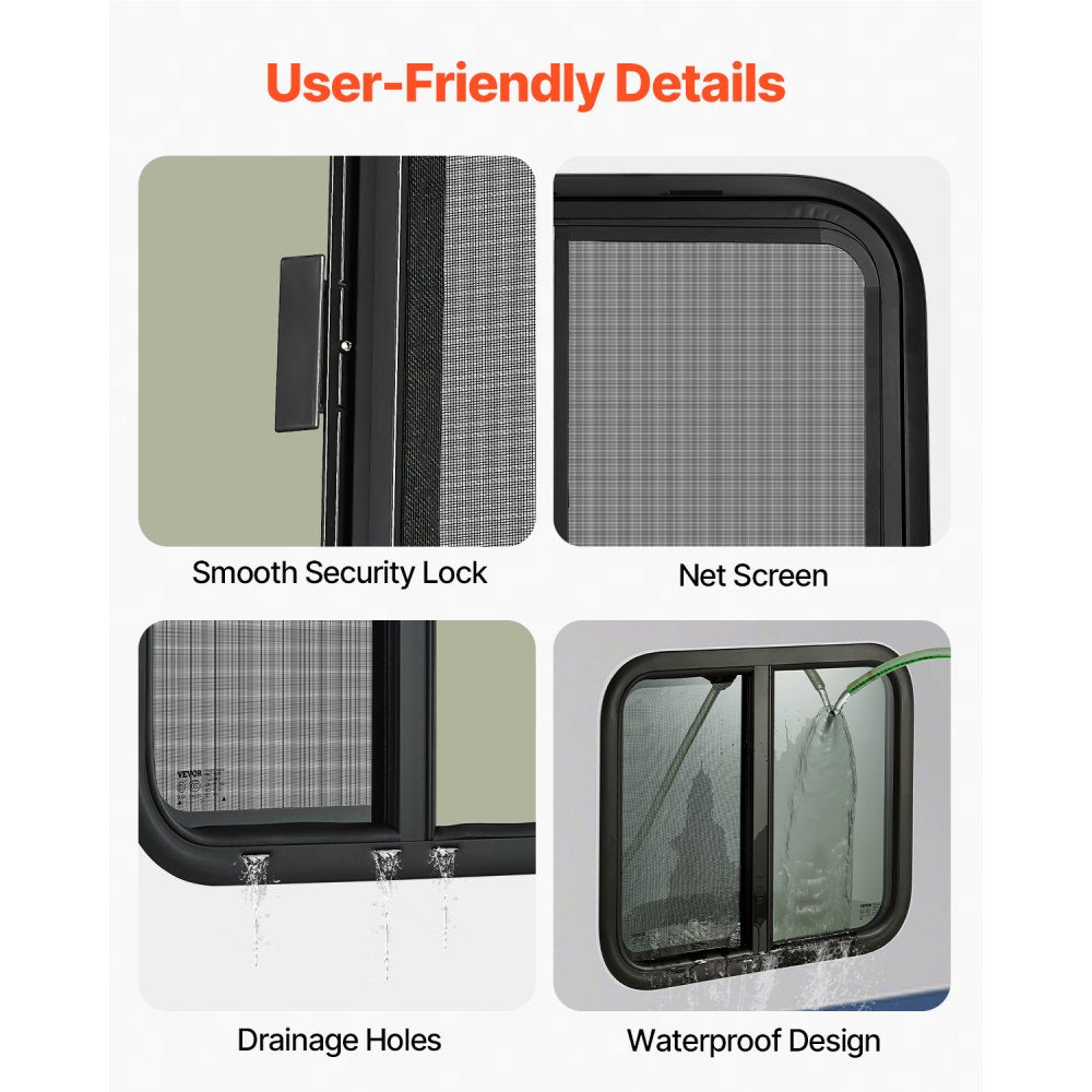 VEVOR Horizontal RV Window, 24" W x 20" H Tinted Sliding RV Window with Net Screen & Trim Ring, Fit 15/16"-1 3/4" Thickness Wall, RV Window Replacement for Teardrop Cargo Trailer Camper, DOT Approved