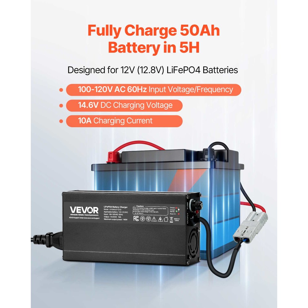 VEVOR 12V 10A Lithium Battery Charger, 14.6V, AC-DC LiFePO4 Smart Charger, with Anderson Connector, LED Indicator, 0V Activation, for Lithium LiFePO4 Deep Cycle Rechargeable Batteries of Boat, RV