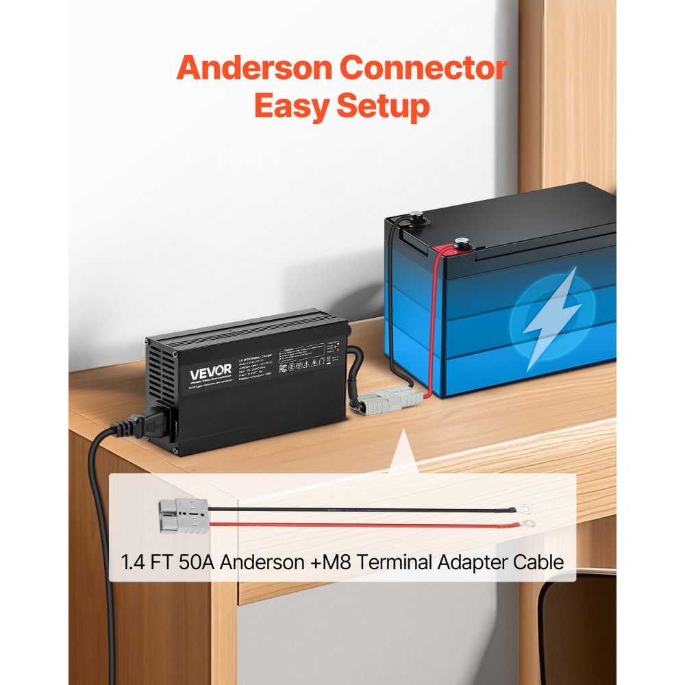 VEVOR 12V 10A Lithium Battery Charger, 14.6V, AC-DC LiFePO4 Smart Charger, with Anderson Connector, LED Indicator, 0V Activation, for Lithium LiFePO4 Deep Cycle Rechargeable Batteries of Boat, RV