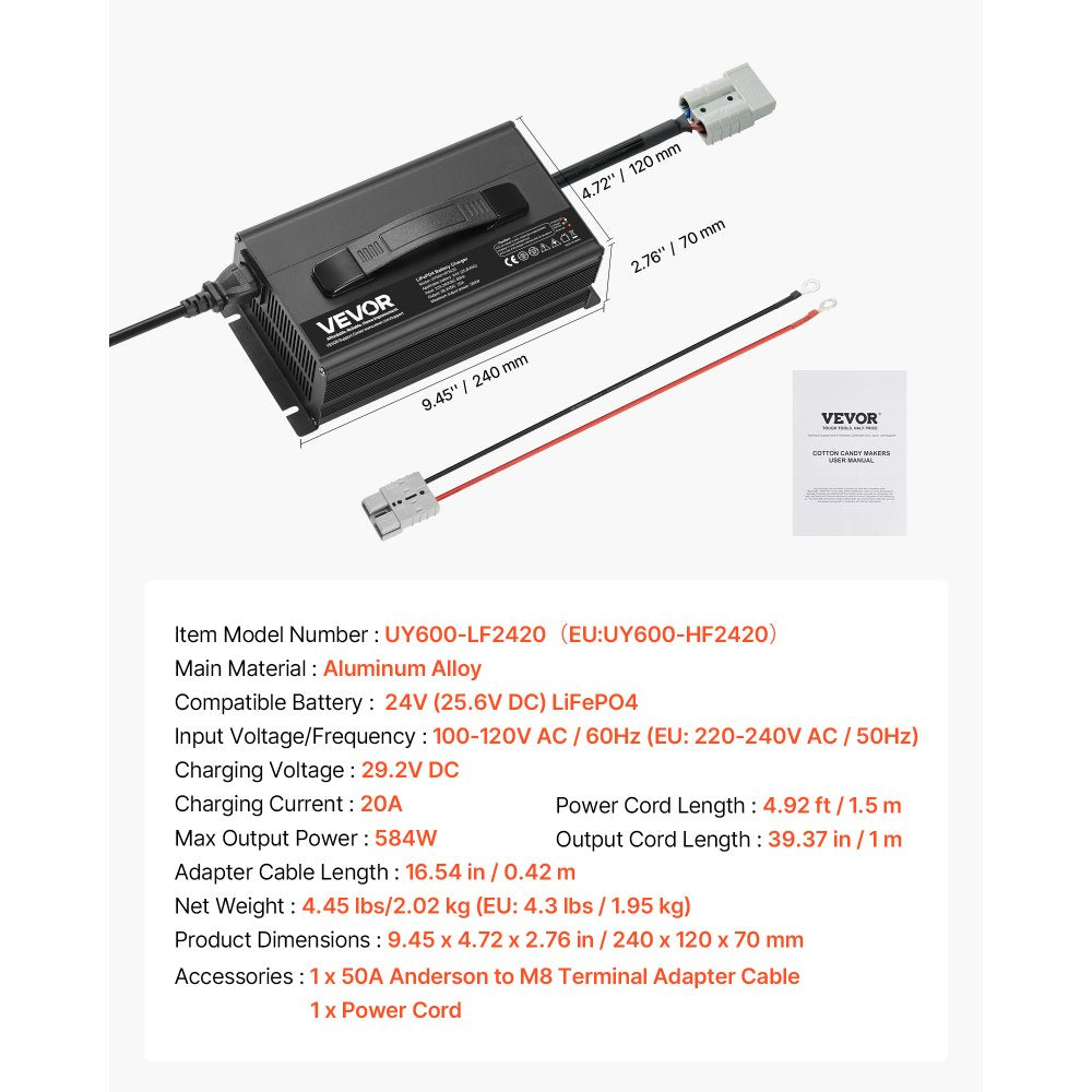 VEVOR 24V 20A Lithium Battery Charger, 29.2V, AC-DC LiFePO4 Smart Charger, with Anderson Connector, LED Indicator, 0V Activation, for Lithium LiFePO4 Deep Cycle Rechargeable Batteries of Boat, RV