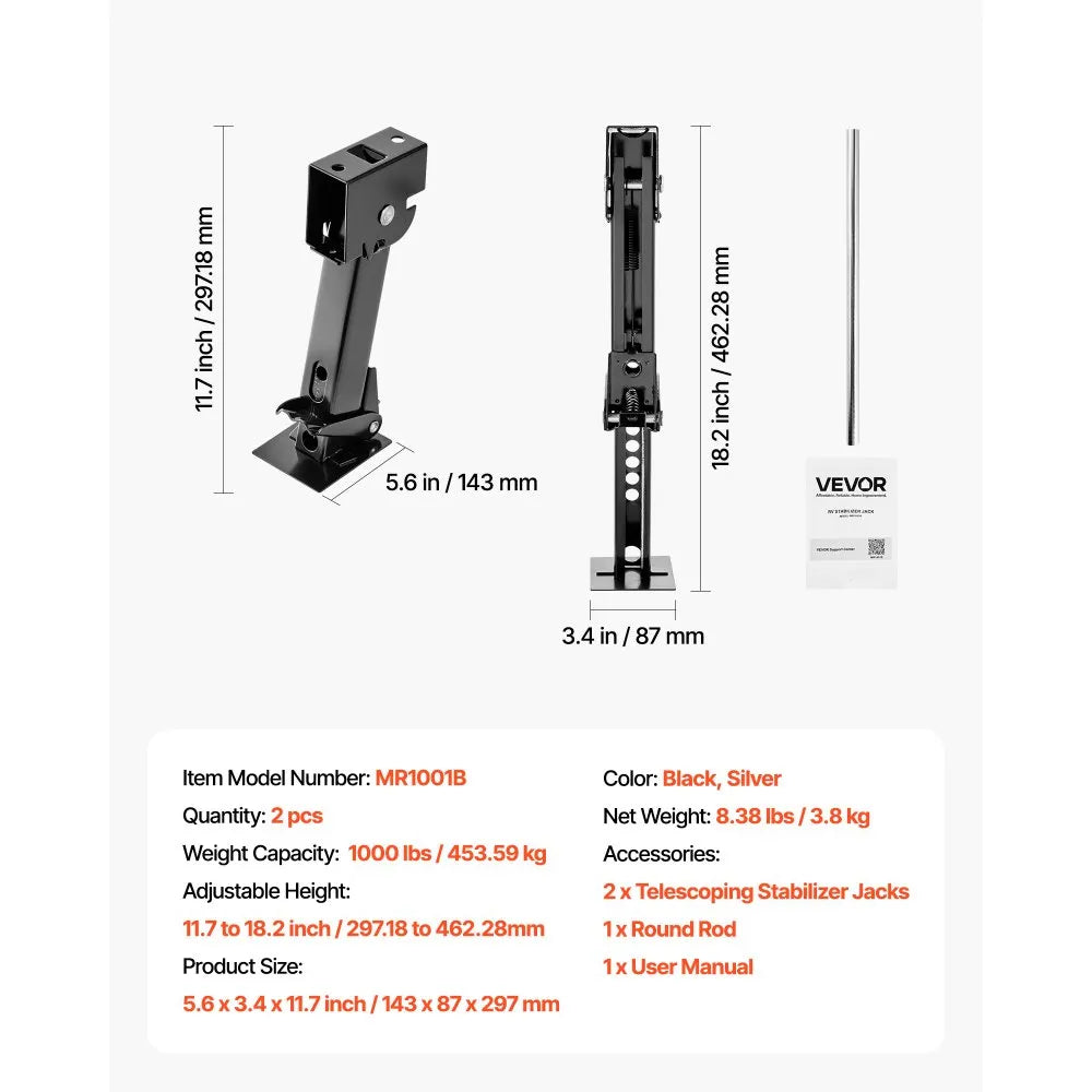 VEVOR Telescoping Stabilizer Jack, 2PCS Telescoping Folding Trailer Jack, Trailer Swing Down Stabilizer Jack for RV Trailer, Supports 1000lbs Capacity Each, Adjustable from 11.7 inch to 18.2 inch