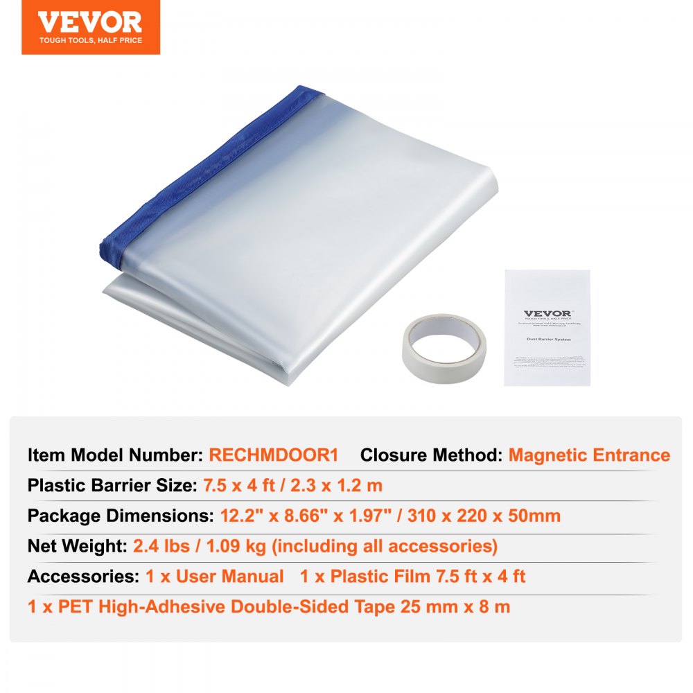 VEVOR Dust Barrier, 7.5 x 4 ft Dust Barrier Door Kit, PE Construction Door Cover for Dust Containment, with Magnetic Self-Closing Zipper, Dust Protection Wall for Bathroom Living Room Remodel