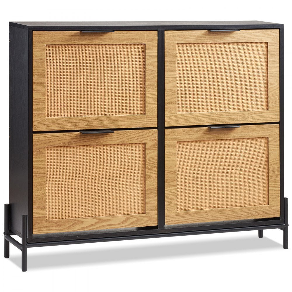VEVOR Rattan Shoe Cabinet, Narrow Shoe Storage Organizer with 4 Flip Drawers, Slim Shoe Entryway Storage Cabinet with Metal Legs, Ideal for Entryway, Closet, Hallway, Light Wood Color