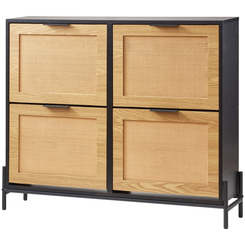 VEVOR Rattan Shoe Cabinet, Narrow Shoe Storage Organizer with 4 Flip Drawers, Slim Shoe Entryway Storage Cabinet with Metal Legs, Ideal for Entryway, Closet, Hallway, Light Wood Color