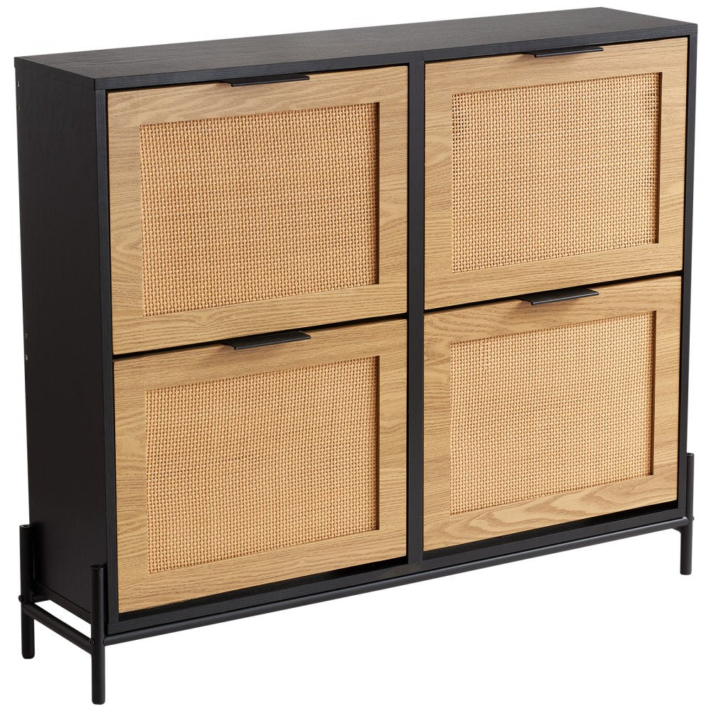 VEVOR Rattan Shoe Cabinet, Narrow Shoe Storage Organizer with 4 Flip Drawers, Slim Shoe Entryway Storage Cabinet with Metal Legs, Ideal for Entryway, Closet, Hallway, Light Wood Color