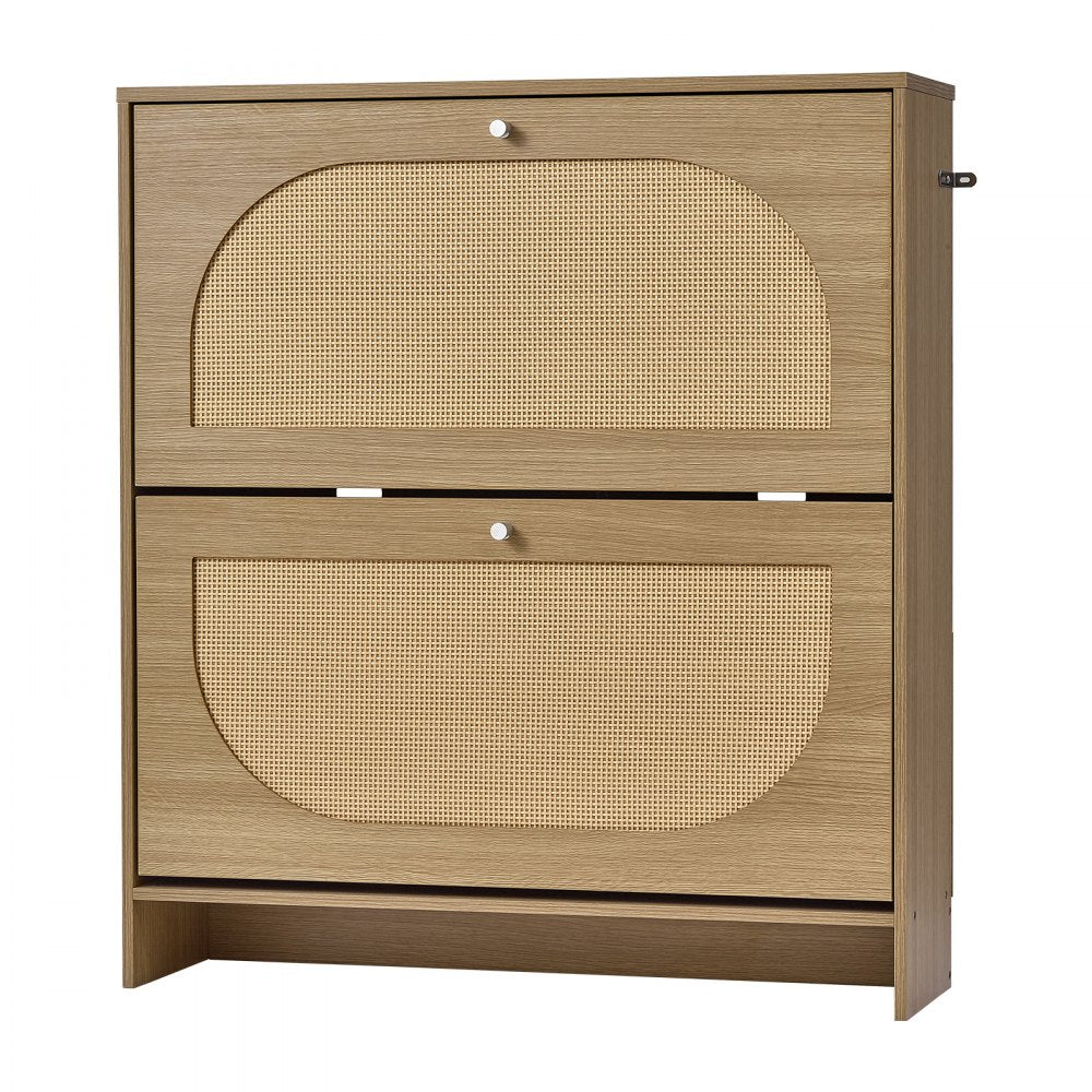 VEVOR Rattan Shoe Cabinet, 16 Pairs, 2 Flip Drawers, Adjustable Shelves for Entryway, Hallway and Living Room, Freestanding Narrow Shoes Wooden Rack, with 80 lb Top Surface and Tip-Over Restraint