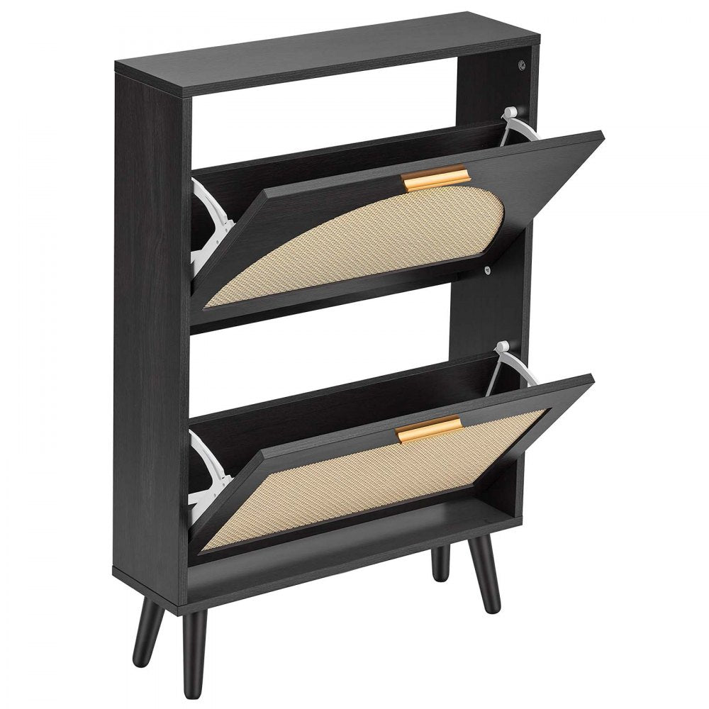 VEVOR Rattan Shoe Cabinet, 6-Pair Shoe Organizer, 2 Flip Drawers, Slim for Entryway, Hallway and Living Room, Freestanding Narrow Shoes Wooden Rack, with 80 lb Top Surface and Tip-Over Restraint