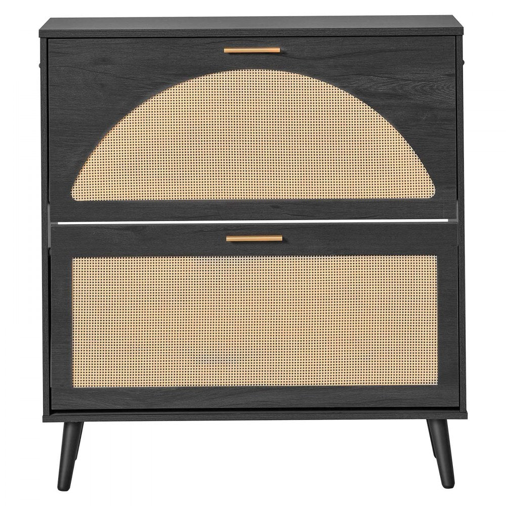 VEVOR Rattan Shoe Cabinet, 16 Pairs, 2 Flip Drawers, Adjustable Shelves for Entryway, Hallway and Living Room, Freestanding Narrow Shoes Wooden Rack, with 80 lb Top Surface and Tip-Over Restraint