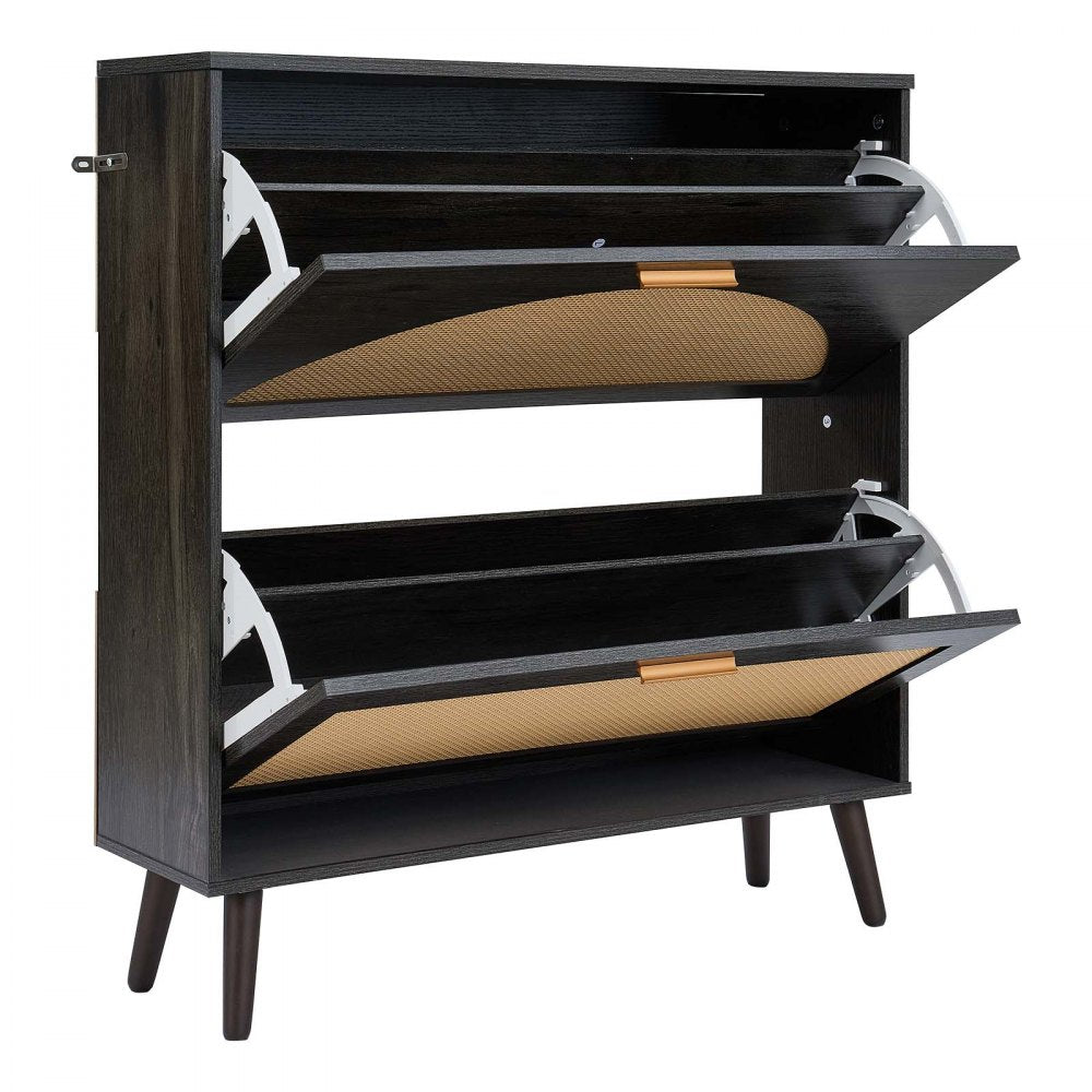 VEVOR Rattan Shoe Cabinet, 16 Pairs, 2 Flip Drawers, Adjustable Shelves for Entryway, Hallway and Living Room, Freestanding Narrow Shoes Wooden Rack, with 80 lb Top Surface and Tip-Over Restraint