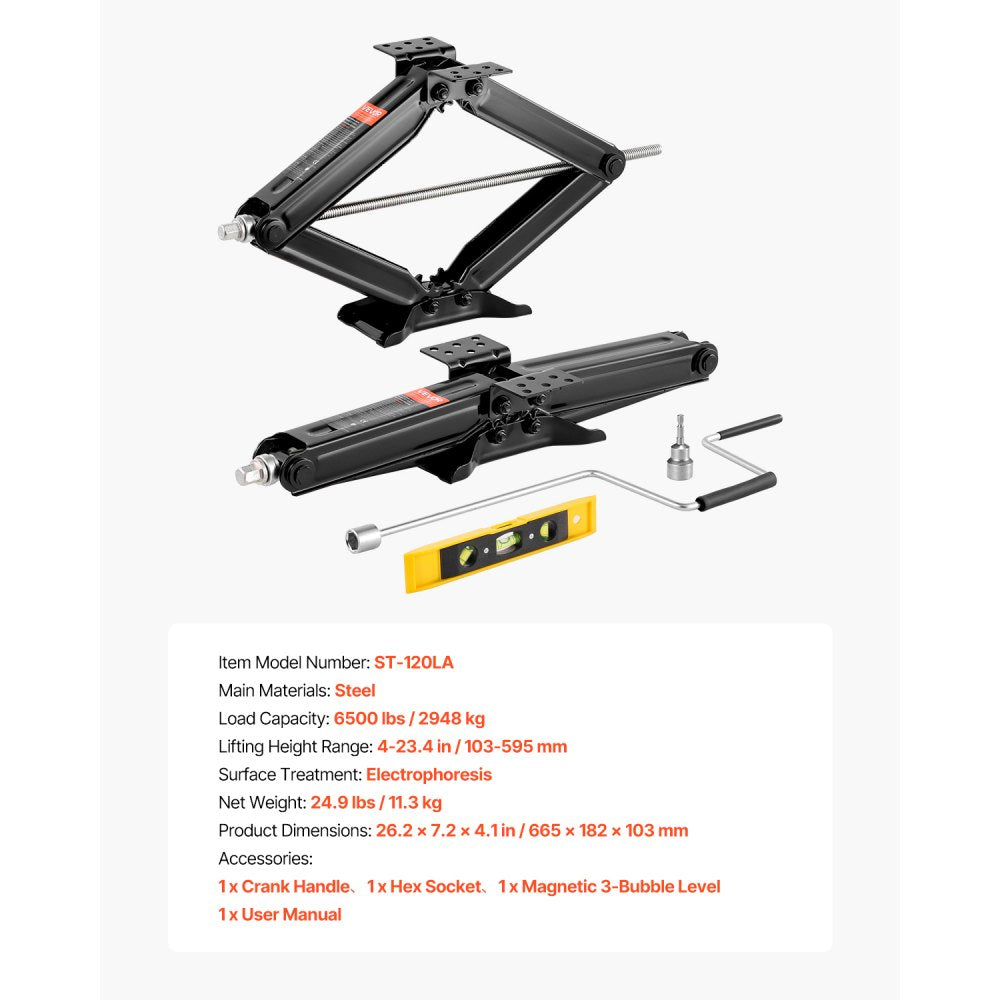 VEVOR 6500 lbs RV Scissor Jacks, 4-23.4 in RV Stabilizer Leveling Scissor Jacks, Set of 2, Heavy Duty Stabilizer Jack with Crank Handle, Socket and Bubble Levels, Not Easily Bent or Deformed
