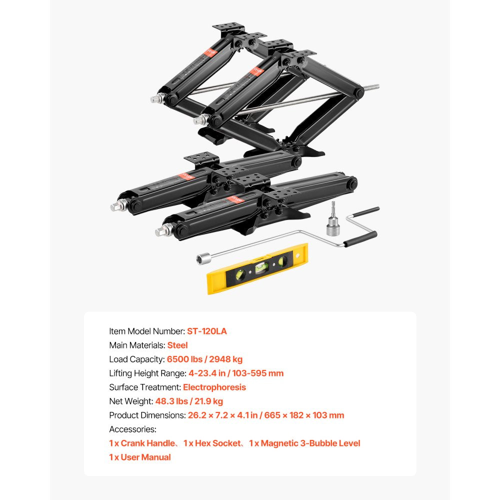VEVOR 6500 lbs RV Scissor Jacks, 4-23.4 in RV Stabilizer Leveling Scissor Jacks, Set of 4, Heavy Duty Stabilizer Jack with Crank Handle, Socket and Bubble Levels, Not Easily Bent or Deformed