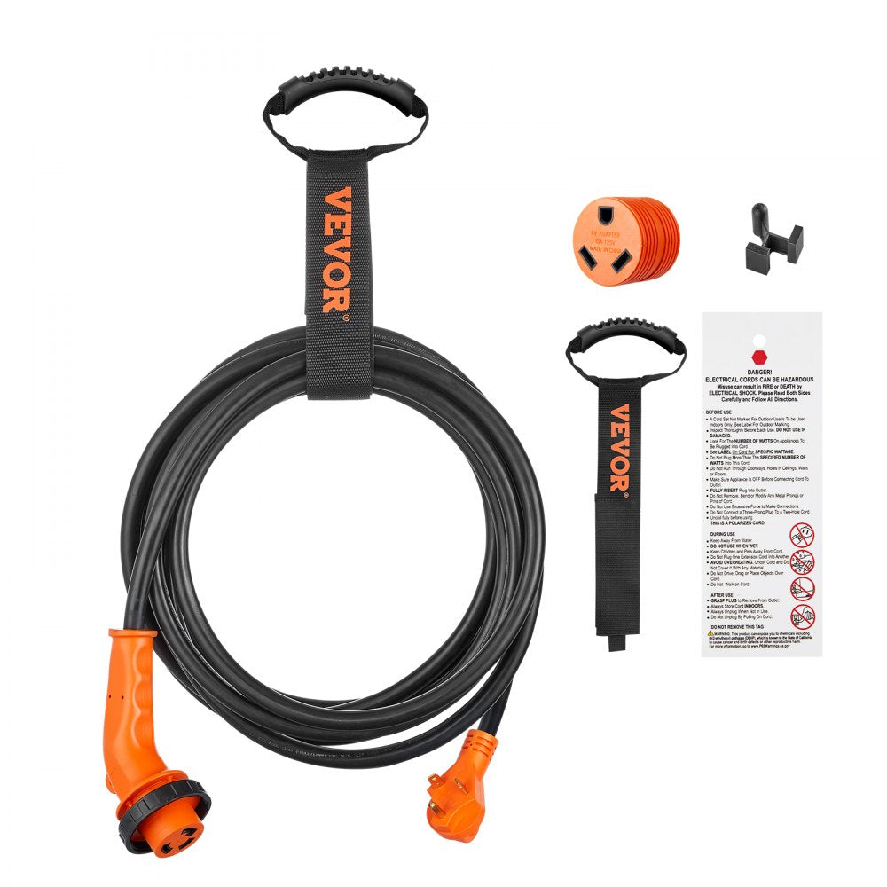 VEVOR 25 Feet RV Power Cord, 30 Amp, Heavy Duty STW 3*10AWG Generator Cord, NEMA TT-30P Male NEMA L5-30R Female Plug, with LED Indicator Handle 15A Adapter, for RVs, generators, campers, ETL Listed