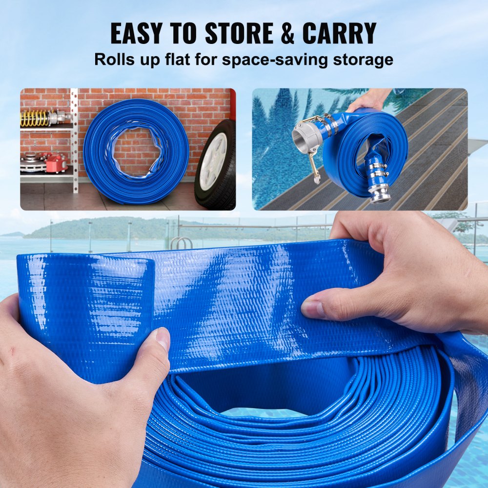 VEVOR Pool Drain Hose, 2 inch by 50 ft, Durable PVC Material, Includes Aluminum Camlock C & E Connectors and Clamps, Fits Pumps and Sand Filters, Ideal for Pool Water Removal, Blue