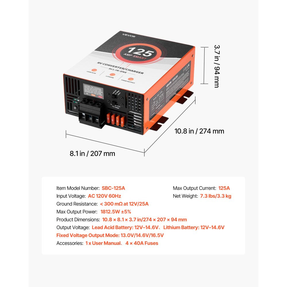 VEVOR RV Power Converter, 125 Amp, 110V AC to 12V DC RV Converter Battery Charger, Multi Stage Smart Charging, 13V to 16.5V Operating Range, Compatible with Lithium & Lead Acid Battery, for Camper