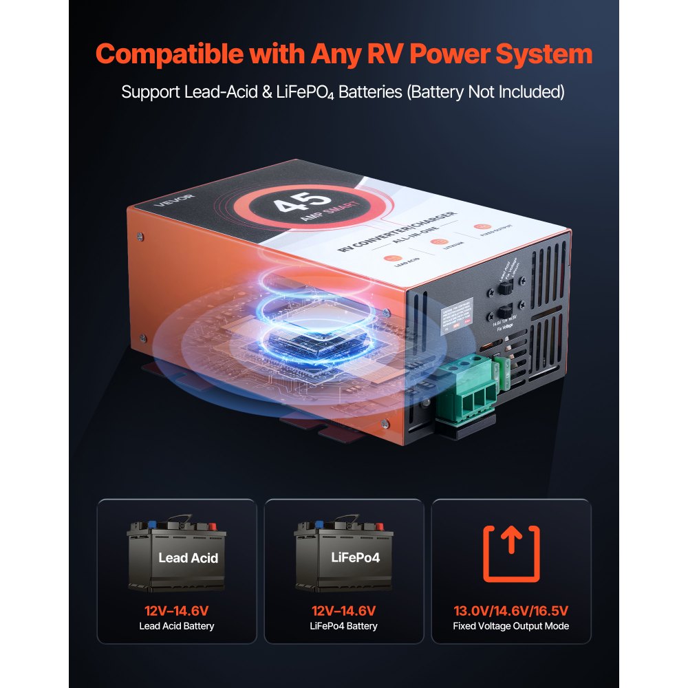 VEVOR RV Power Converter, 45 Amp, 110V AC to 12V DC RV Converter Battery Charger, Multi Stage Smart Charging, 13V to 16.5V Operating Range, Compatible with Lithium & Lead Acid Battery, for Camper