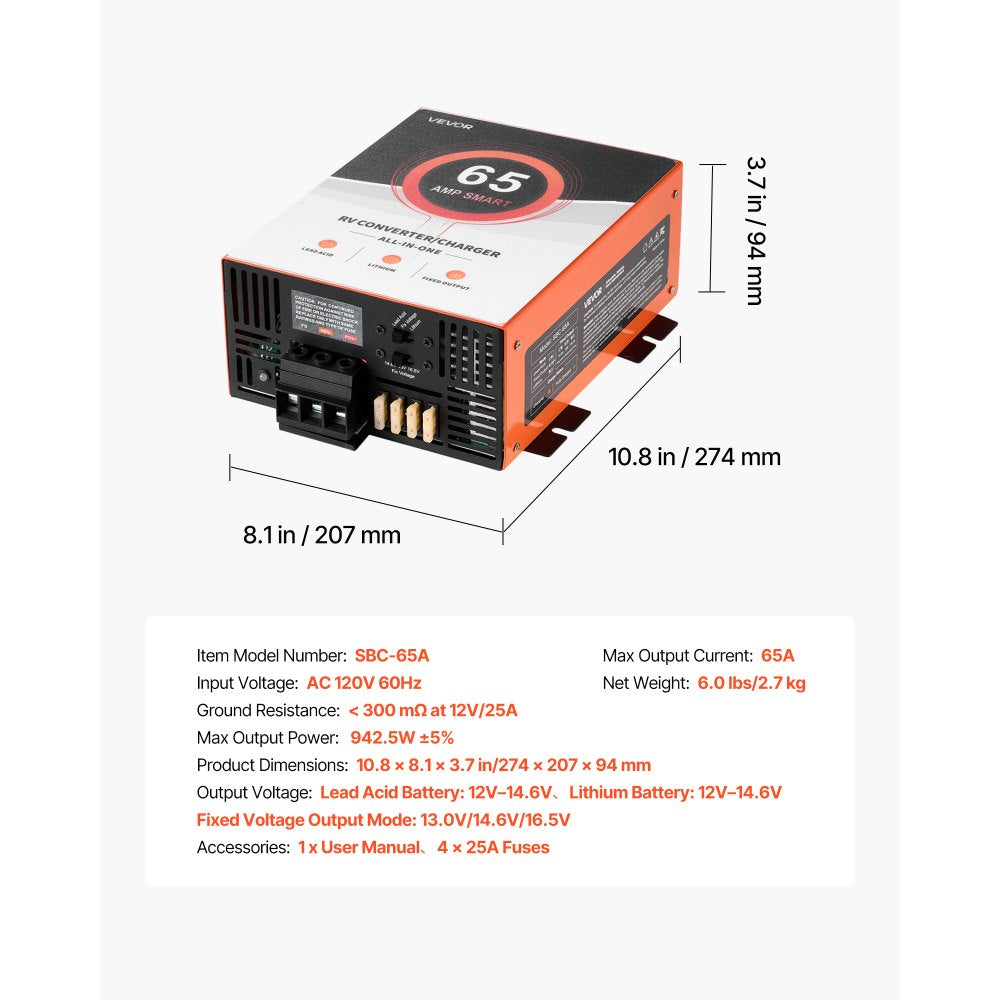 VEVOR RV Power Converter, 65 Amp, 110V AC to 12V DC RV Converter Battery Charger, Multi Stage Smart Charging, 13V to 16.5V Operating Range, Compatible with Lithium & Lead Acid Battery, for Camper