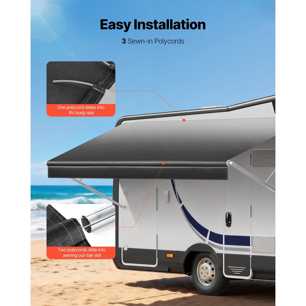 VEVOR RV Awning Fabric Replacement, 16' (Fabric 15'2") 18 oz Heavy-Duty Weatherproof Vinyl Camper Awning Replacement, UPF50+ Protection Waterproof Outdoor Canopy for RV, Motorhome, Trailer, Black Fade