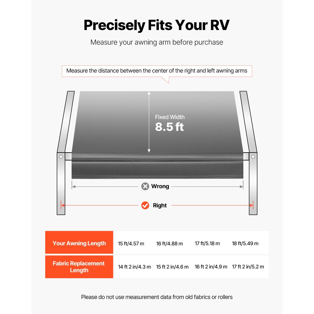VEVOR RV Awning Fabric Replacement, 18' (Fabric 17'2") 18 oz Heavy-Duty Weatherproof Vinyl Camper Awning Replacement, UPF50+ Protection Waterproof Outdoor Canopy for RV, Motorhome, Trailer, Gray Fade