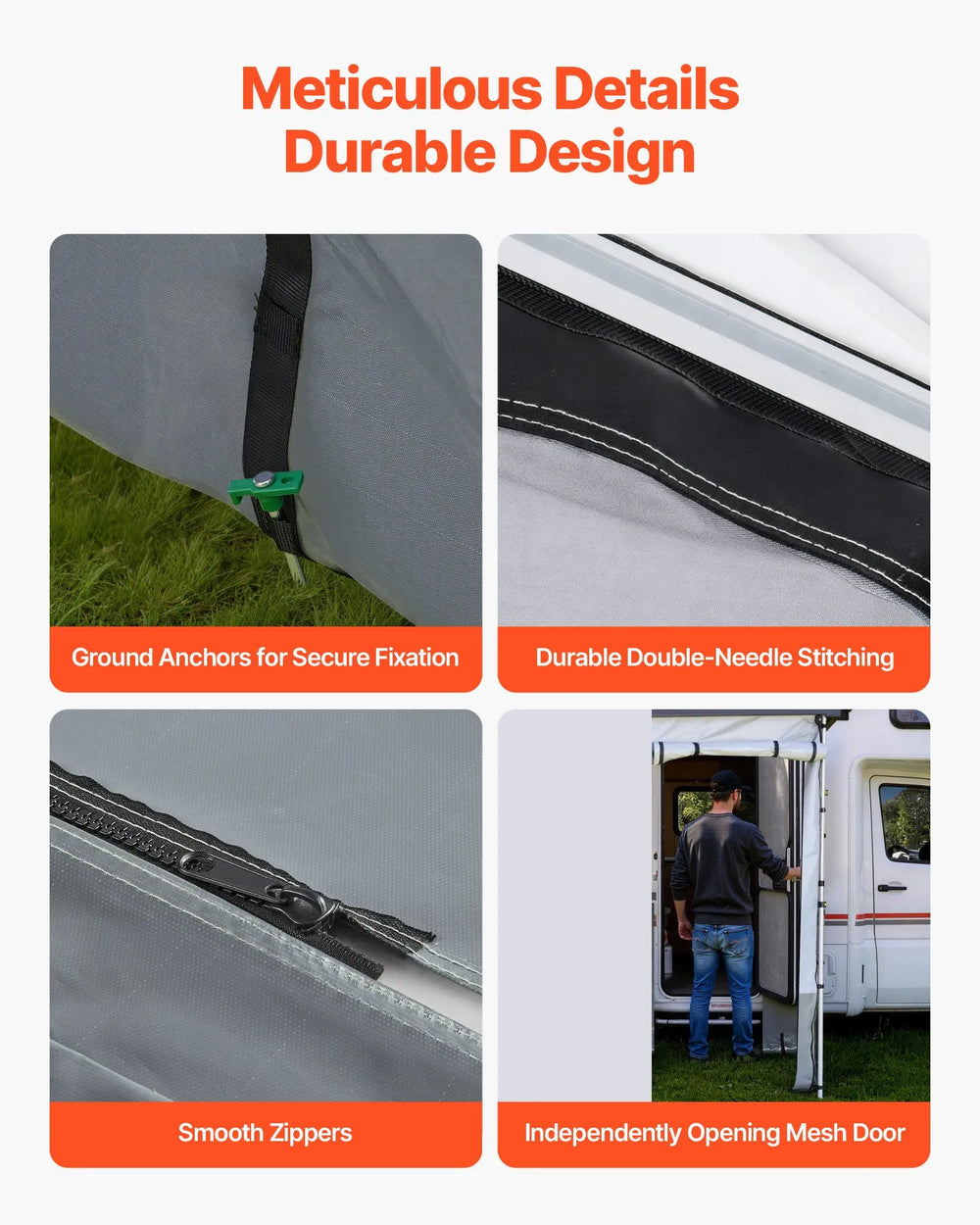 VEVOR RV awning shade room detail features: ground anchors, stitching, zippers, mesh door