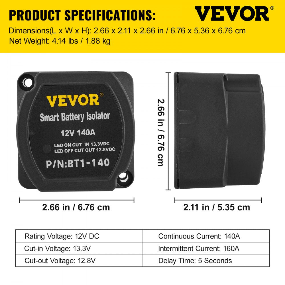 VEVOR Dual Battery Isolation Kit, 6m 12V, Auto Split Charge Relay System with 140AMP VSR, Fits RVs, Marine Crafts, Cars, Trucks, Caravans, Campers, Yachts, ATVs, UTVs, and Boats Workshop