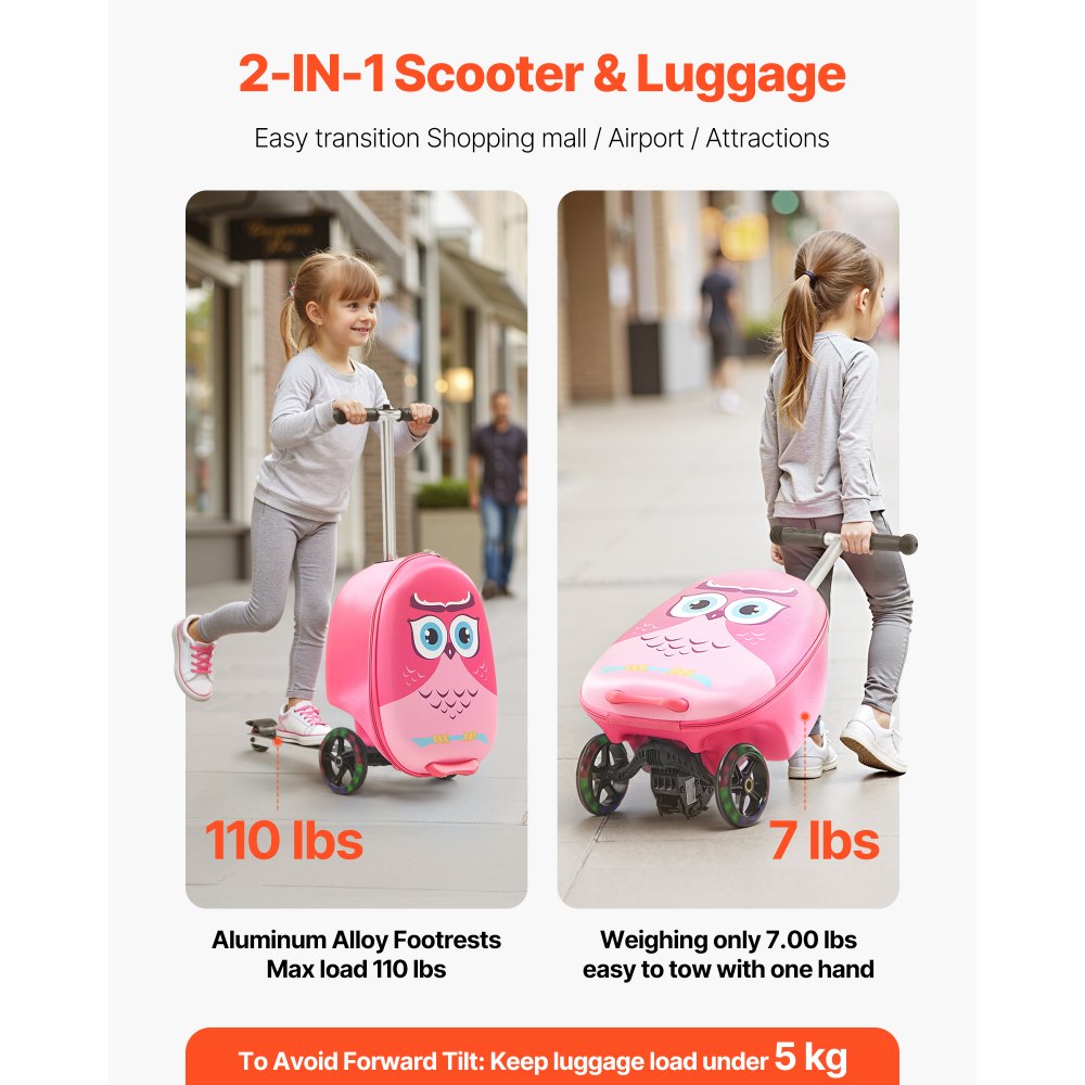 VEVOR Ride-on Luggage, 20 L Capacity, 20 Inches Kids Scooter Suitcase with Flash PU Wheels, Adjustable Handle & TPR Non-Slip Grip, Foldable & Lightweight Scooter Luggage for Kids Aged 5+, Pink
