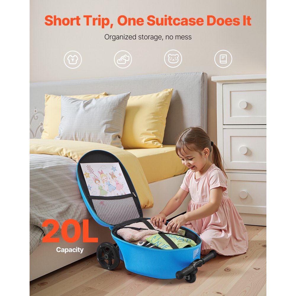 VEVOR Ride-on Luggage, 20 L Capacity, 20 Inches Kids Scooter Suitcase with Flash PU Wheels, Adjustable Handle & TPR Non-Slip Grip, Foldable & Lightweight Scooter Luggage for Kids Aged 5+, Blue