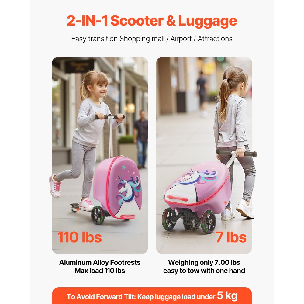 VEVOR Ride-on Luggage, 20 L Capacity, 20 Inches Kids Scooter Suitcase with Flash PU Wheels, Adjustable Handle & TPR Non-Slip Grip, Foldable & Lightweight Scooter Luggage for Kids Aged 5+, Purple