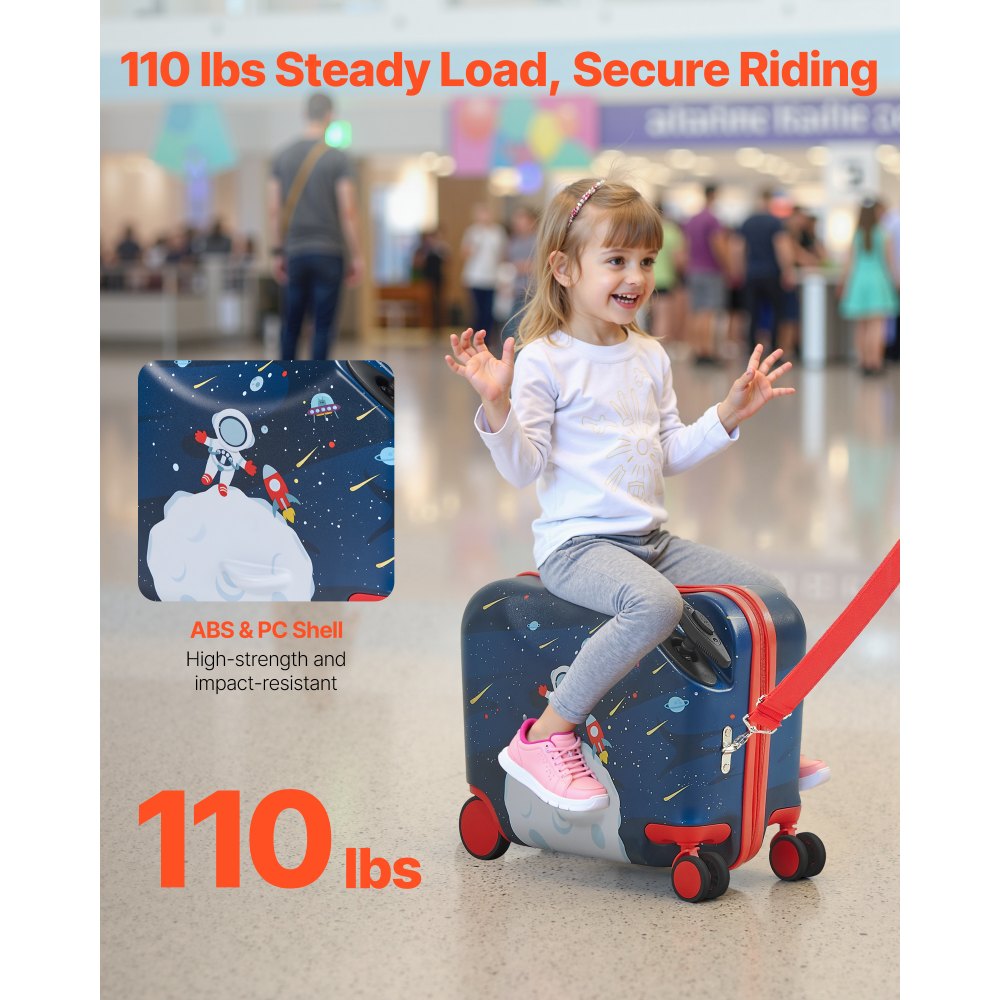 VEVOR Ride-on Luggage, 26 L Capacity, 18 Inches Tow Along Toddler Carry on Luggage with Wheels, Adjustable Shoulder Strap, Lightweight Kids Riding Suitcase for Boys & Girls Aged 3+, Blue & White