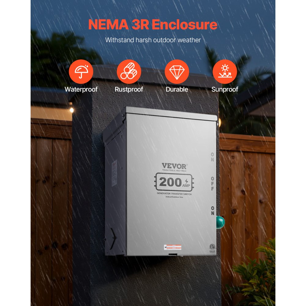 VEVOR 200A Generator Transfer Switch, 48000W Manual Transfer Switch, Heavy Duty Double-Throw Power Transfer Switch 120/240V, Meeting NEMA 3R Standards, for Outdoor, Indoor, and Portable Generator