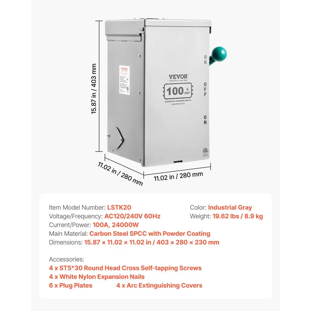 VEVOR 100A Generator Transfer Switch, 24000W Manual Transfer Switch, Heavy Duty Double-Throw Power Transfer Switch 120/240V, Meeting NEMA 3R Standards, for Outdoor, Indoor, and Portable Generator