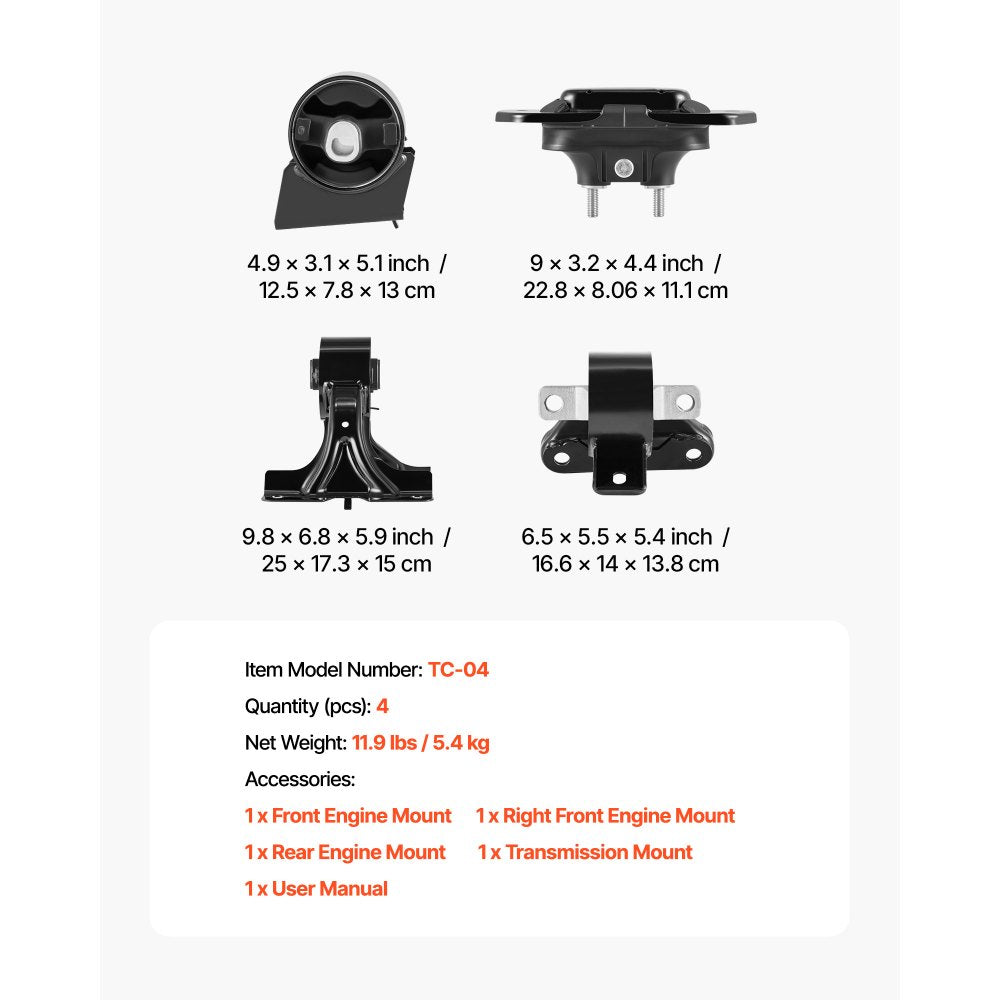 VEVOR Engine Motor Mount and Transmission Mount Kit Replacement, Set of 4, Compatible with 2011–2019 Dodge Journey 3.6L FWD, Replace OE# A5551, A5443, A5632, A5543, Secure Support