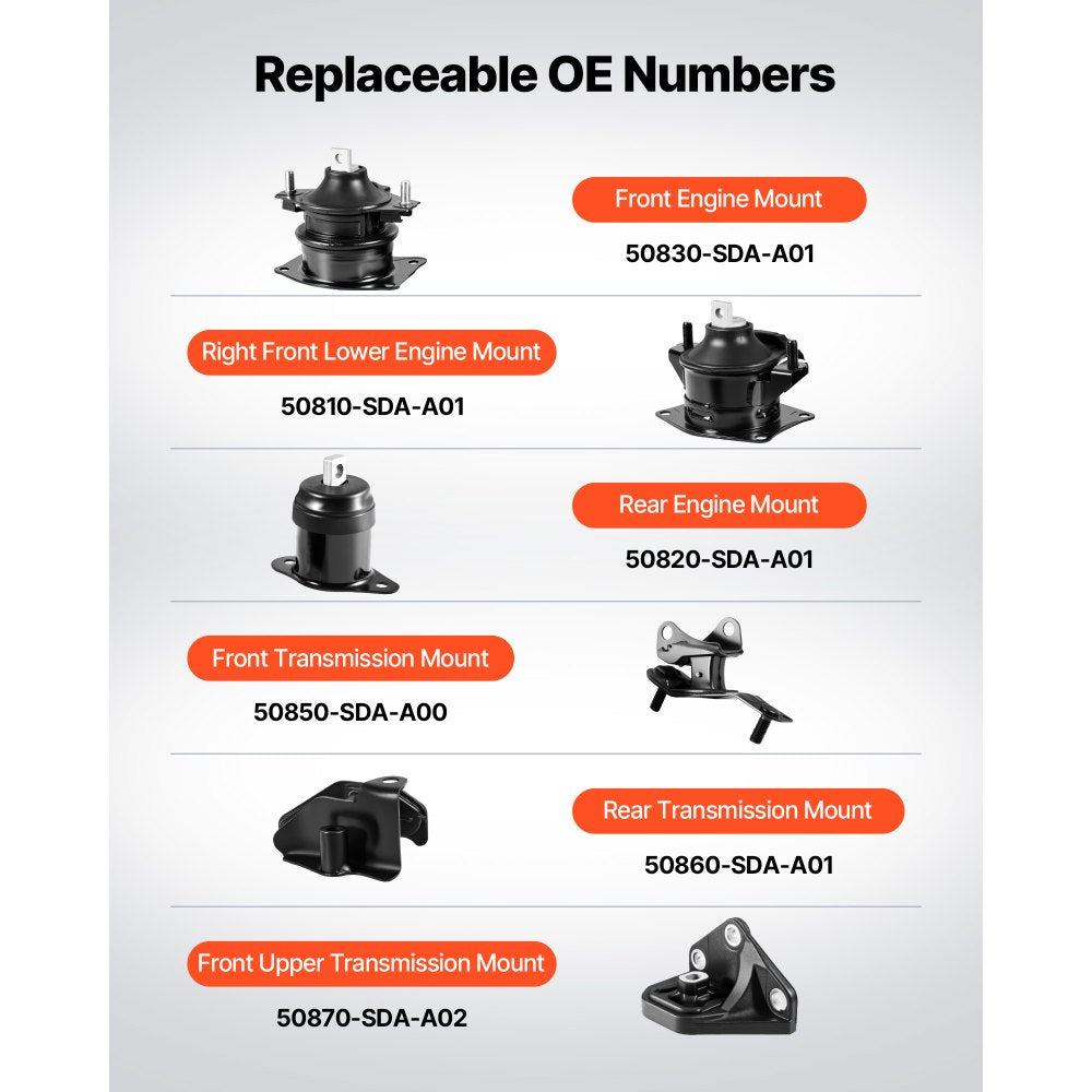 VEVOR Engine Motor Mount and Transmission Mount Kit Replacement, Set of 6, Compatible with 2003–2007 Honda Accord 2.4L L4, Replace OE# A4526HY, A4517, A4516, A4510, A4509, A4542, Secure Support