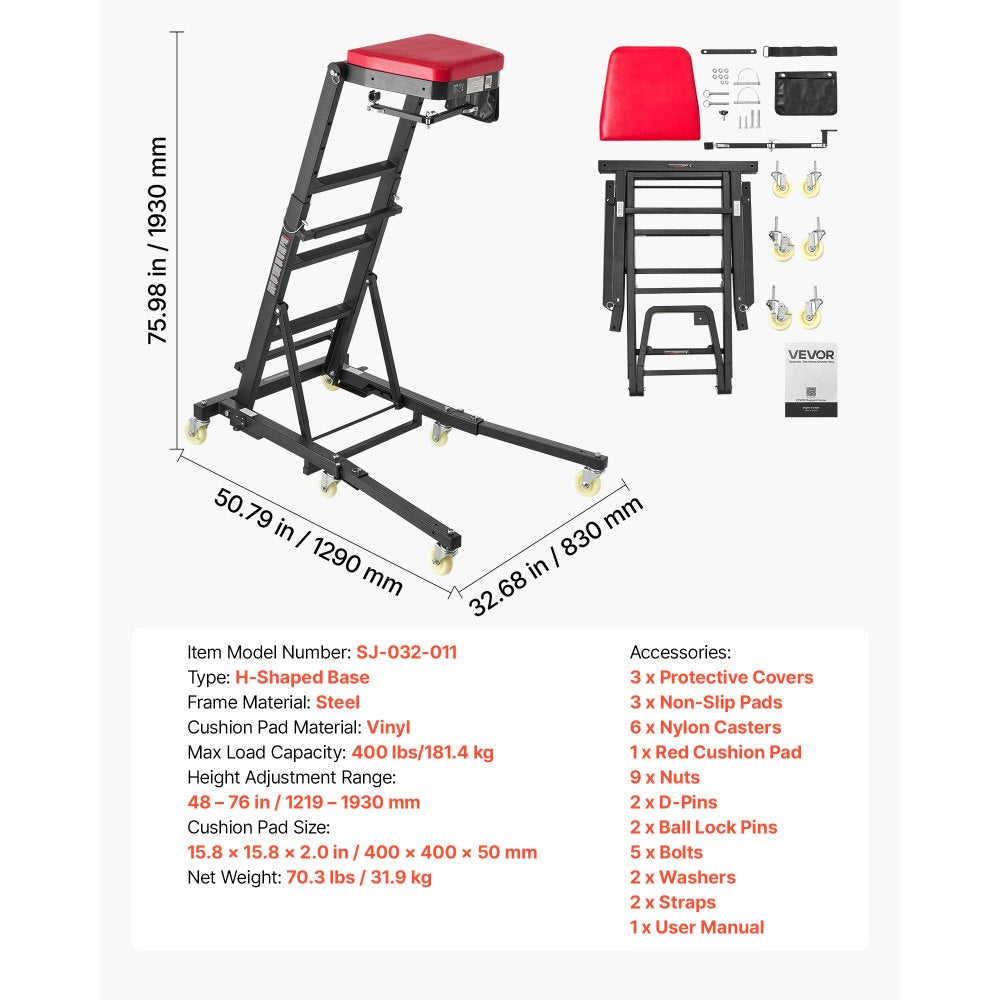 VEVOR Top Automotive Creeper 48"-76" Adjustable with Folding Mechanical Arm, Foldable High Top Engine Creeper, 400LBS Heavy-Duty Support, Stable H-Shaped Base, 6-Wheel Smooth Rolling for Auto Repair