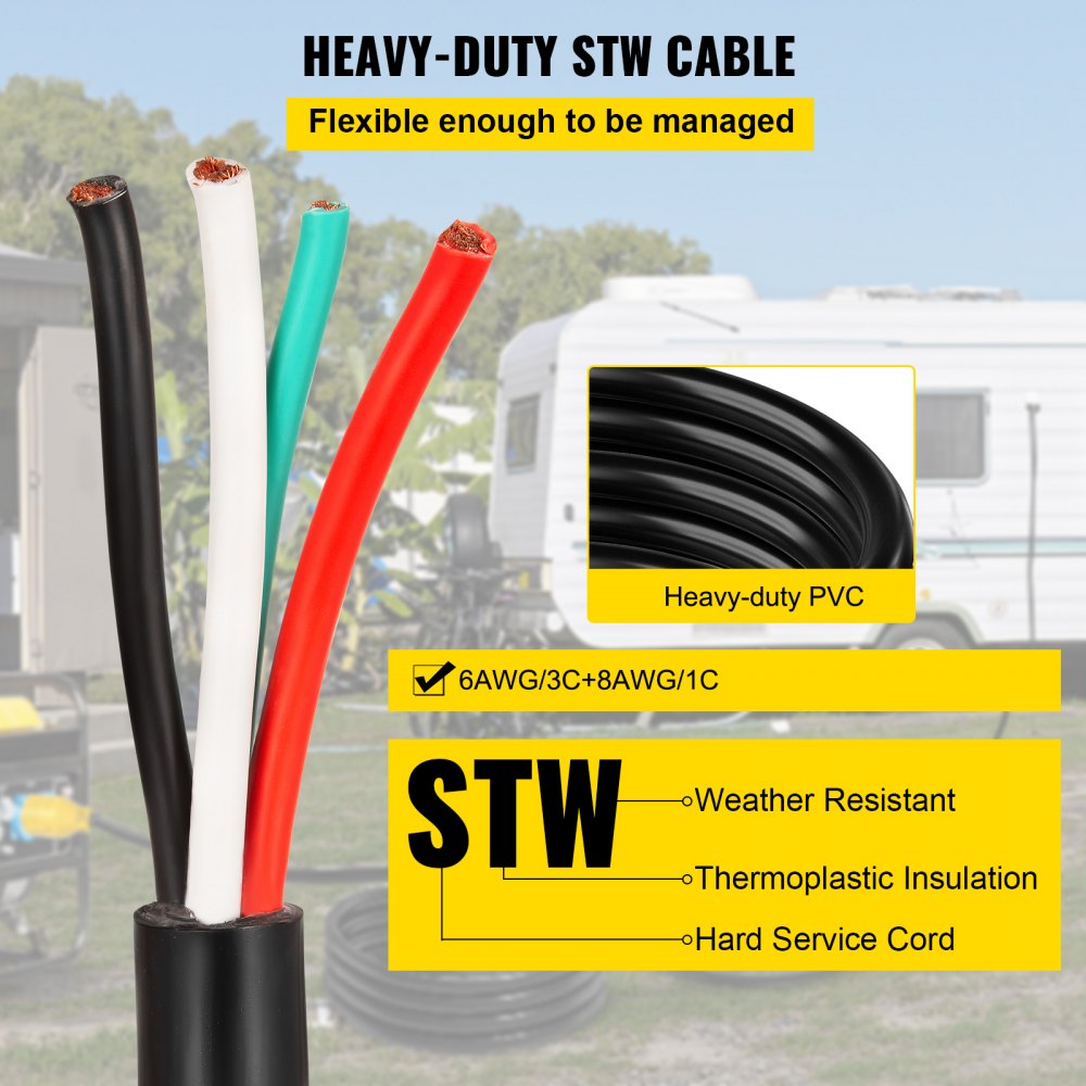 VEVOR 15 ft 50A RV Camp Power Cord Generator Cord 6/3+8/1 AWG NEMA 14-50P to Bare Wire